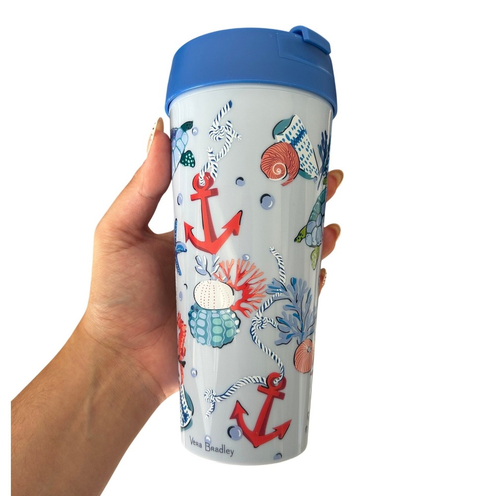 Vera Bradley Nautical Anchor Sea Turtle Travel Tumbler Blue Flip Lid BPA Free